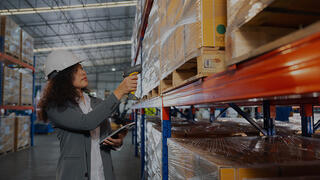 A woman wearing a hard hat uses a handheld barcode scanner to check inventory on a warehouse shelf, representing the Industrial Products & Services sector.